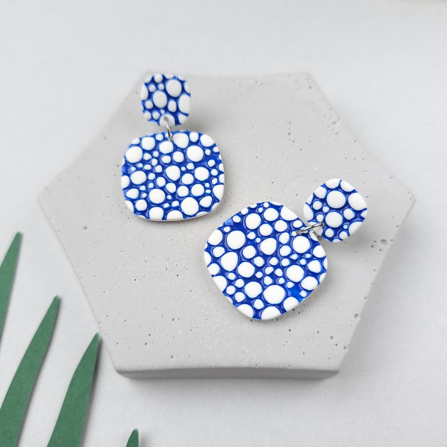 Blue and white square polymer clay earrings