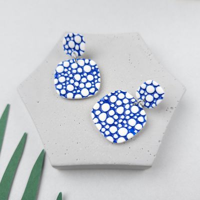 Blue and white square polymer clay earrings