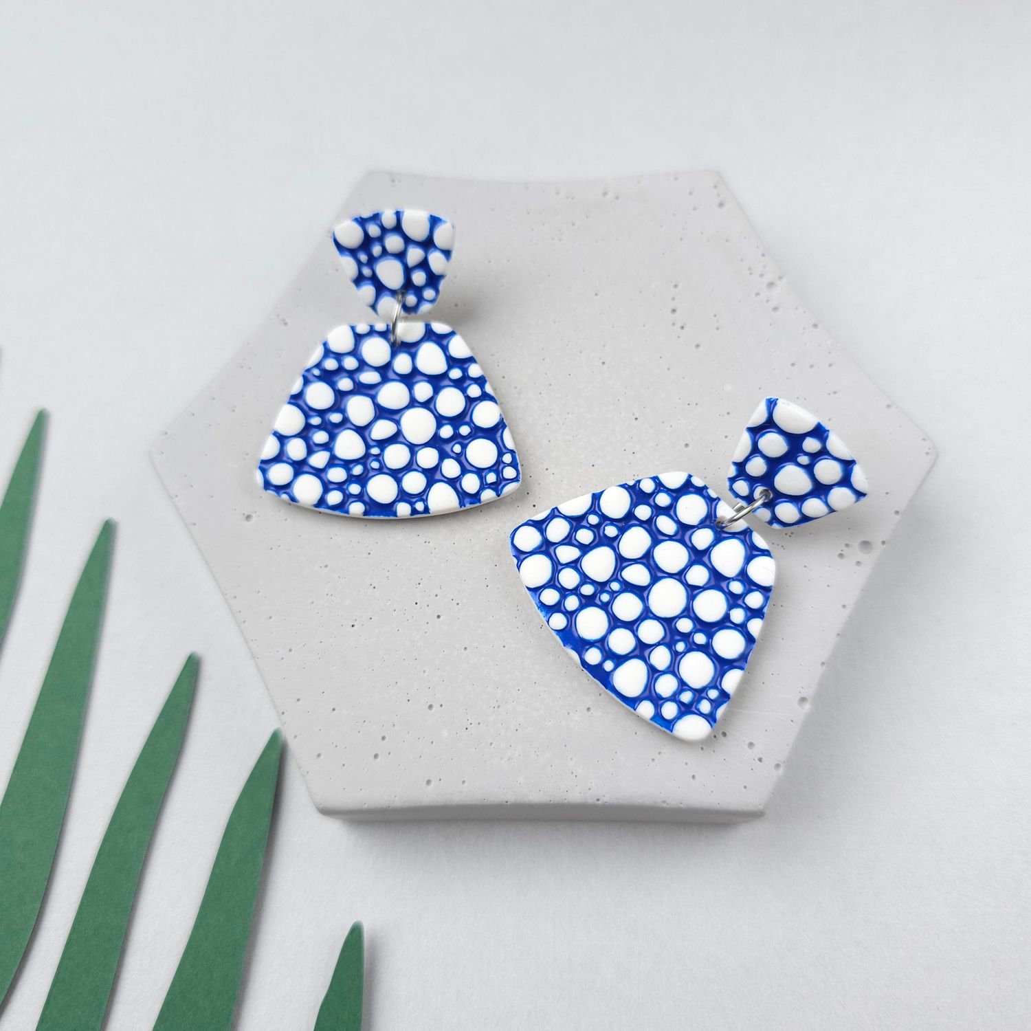 Blue and white bubble polymer clay earrings