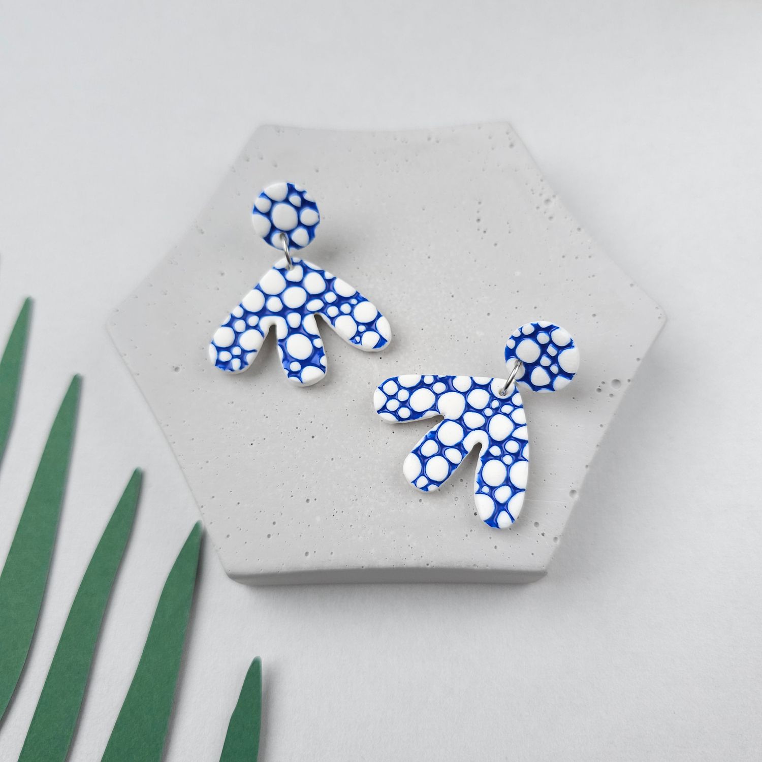 Blue bubble flower polymer clay earrings