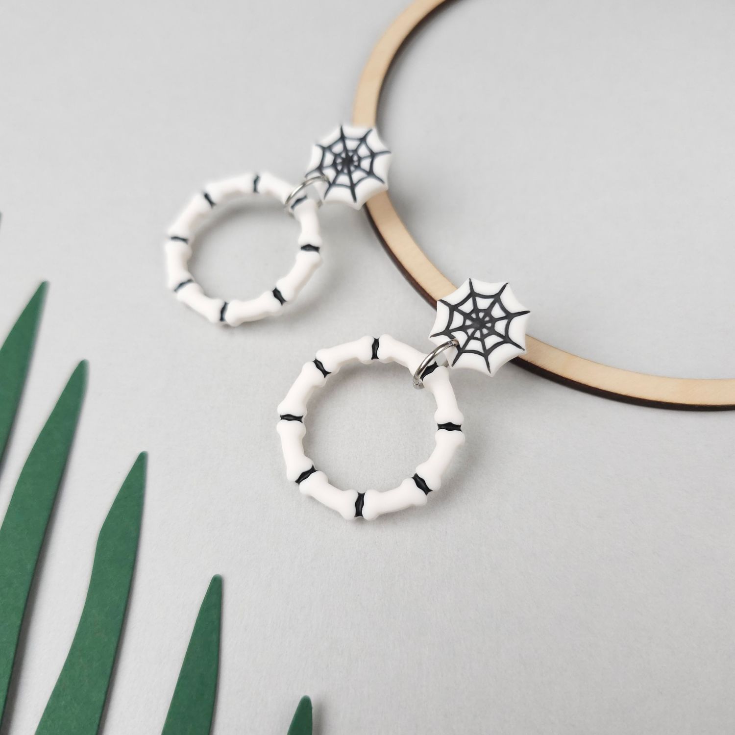 Spider Web and Bones Hoop Halloween Earrings