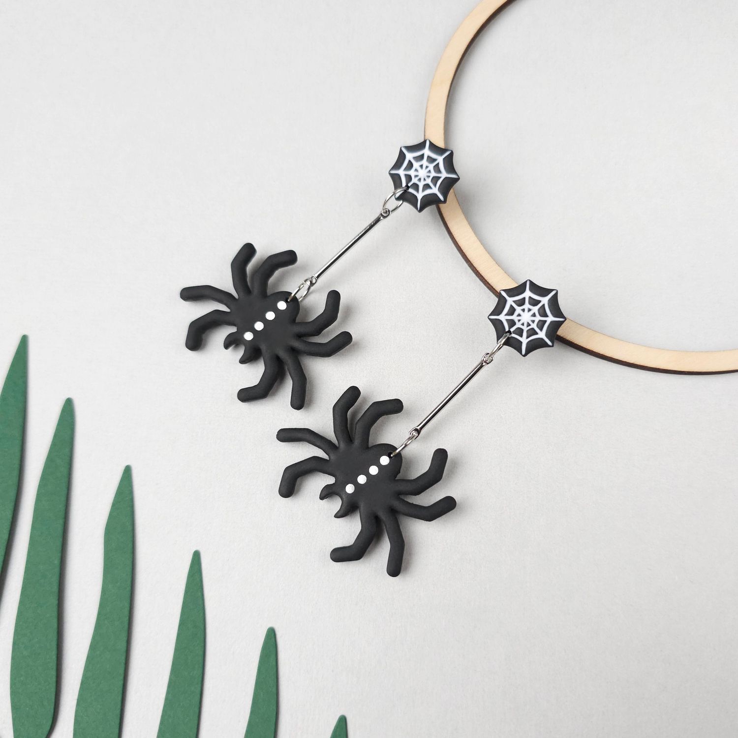 Black Spider on Web Long Halloween Earrings