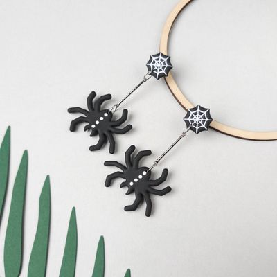 Black Spider on Web Long Halloween Earrings