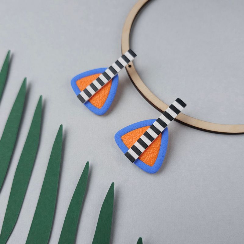 Blue and Orange Triangle Polymer Clay Earrings
