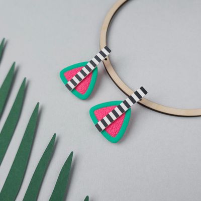 Green and Pink Triangle Polymer Clay Earrings