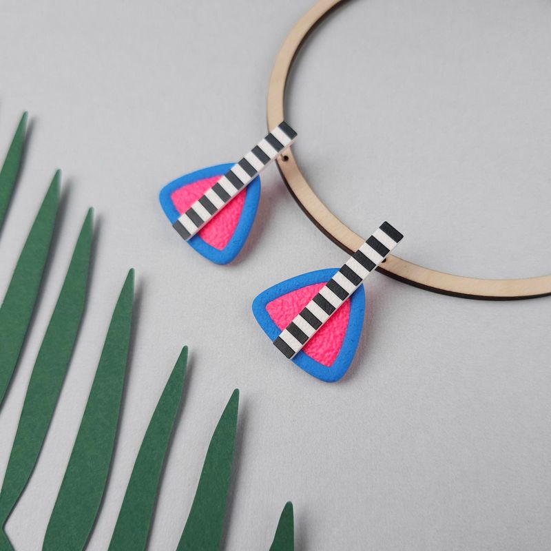 Blue and Hot Pink Triangle Polymer Clay Earrings