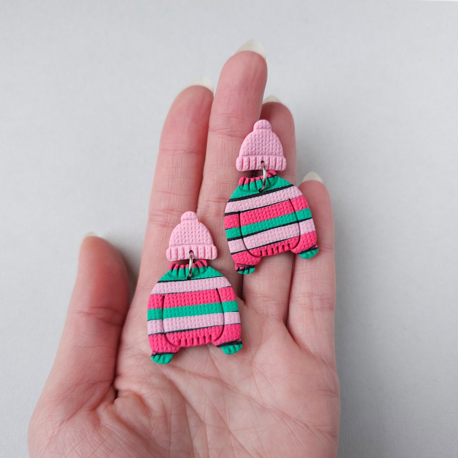 Pink and Green Striped Jumper and Hat Studs