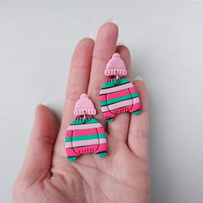 Pink and Green Striped Jumper and Hat Studs