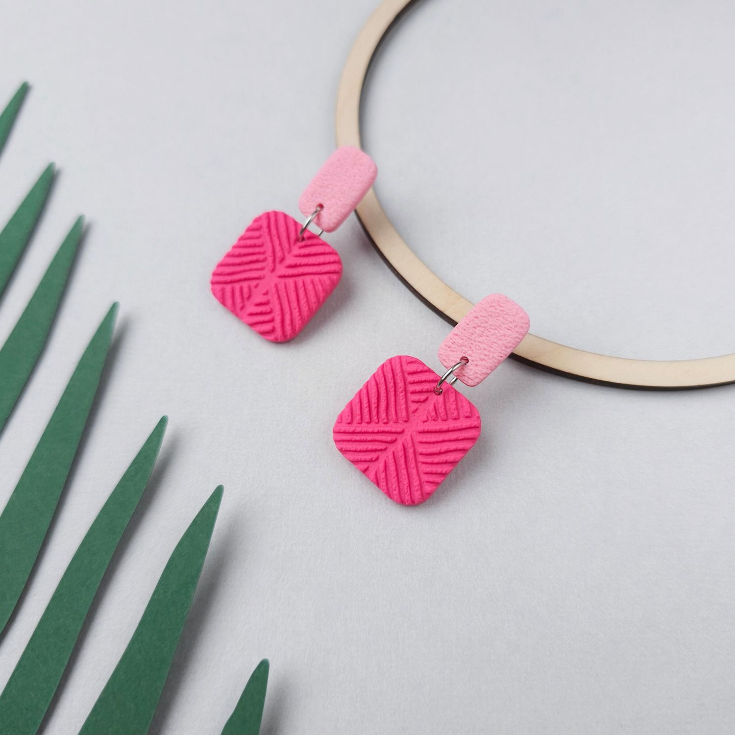 Pink Square Polymer Clay Earrings