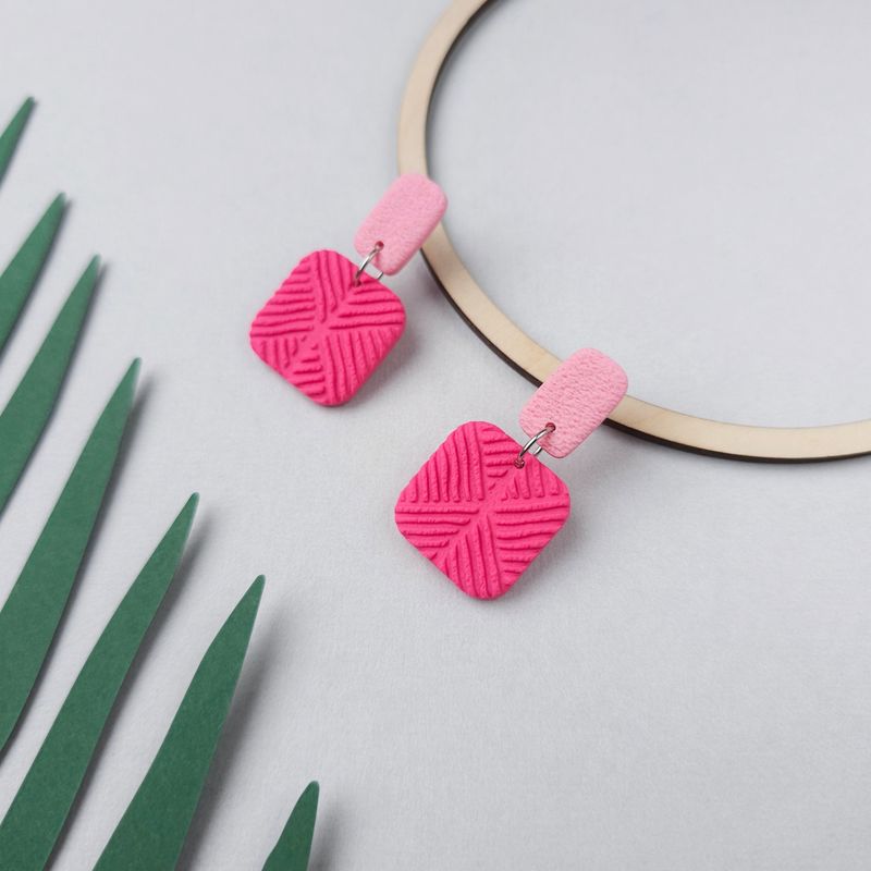 Pink Square Polymer Clay Earrings