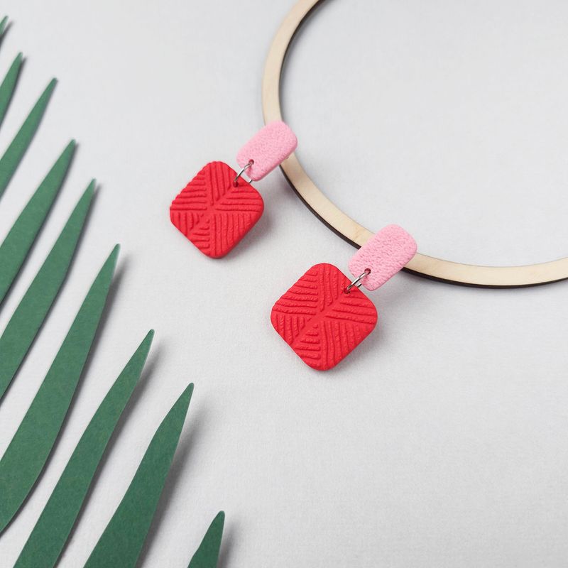 Red and Pink Square Polymer Clay Earrings