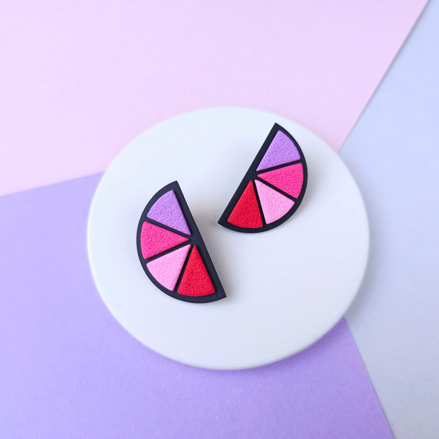 Pink, Red and Purple Semicircle Polymer Clay Earrings