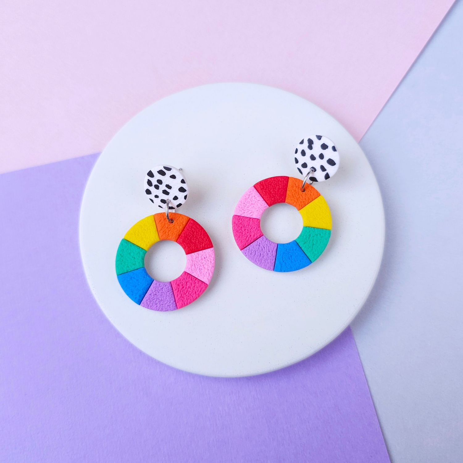 Rainbow and Dots Hoop Polymer Clay Earrings