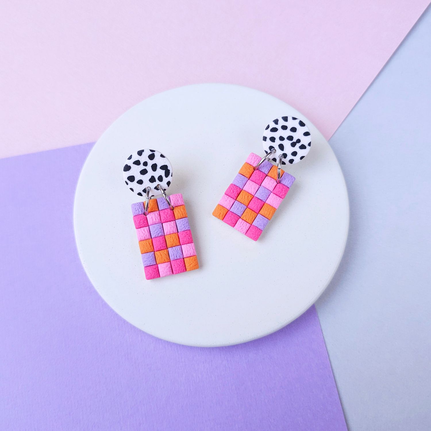 Pink and Orange Squared Rectangle Polymer Clay Earrings
