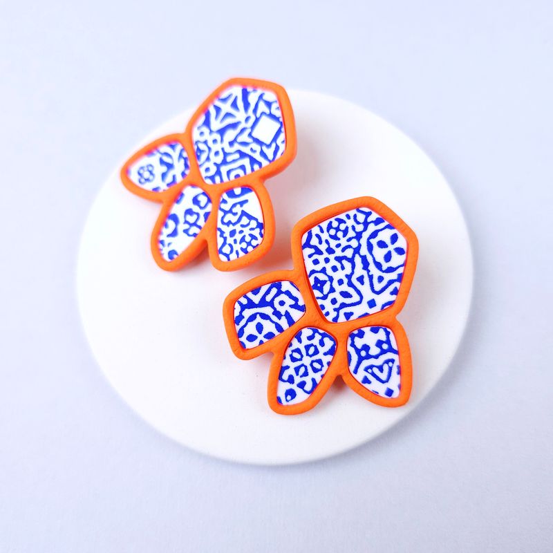 Spanish Tile print on Bold Orange Clay Earrings