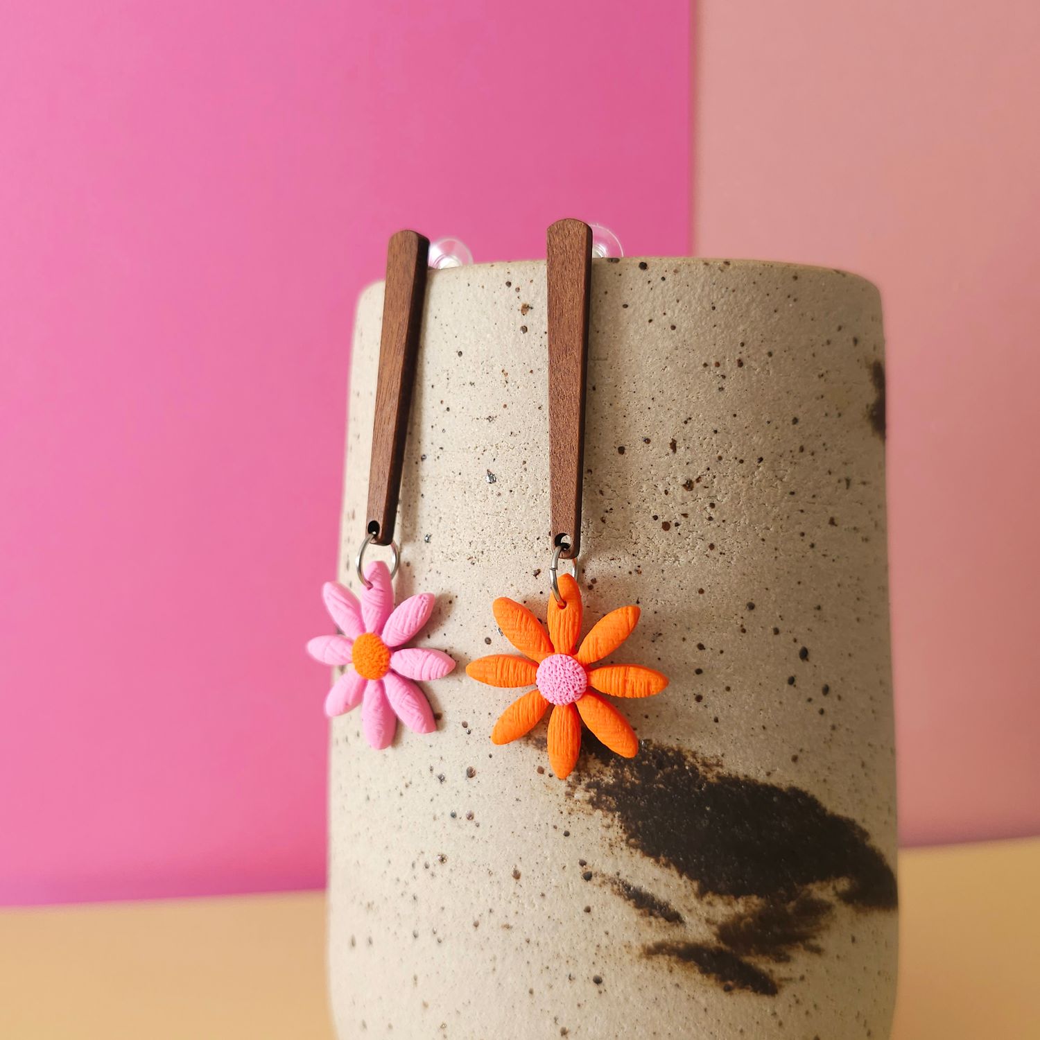 Long Mismatched Orange and Light Pink Flower Earrings