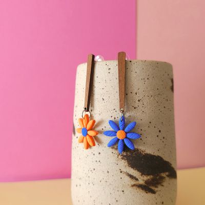 Long Mismatched Orange and Blue Flower Earrings