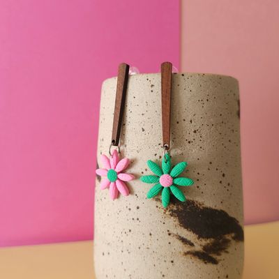 Long Mismatched Green and Light Pink Flower Earrings