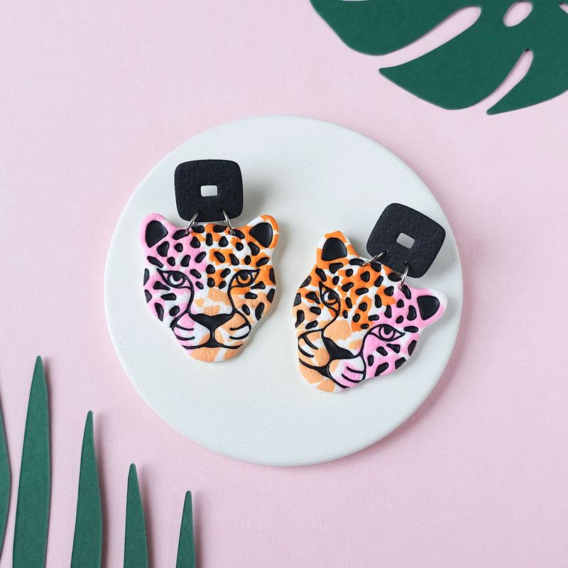 Statement Jaguar Polymer Clay Earrings with Rectangle Upper Beads