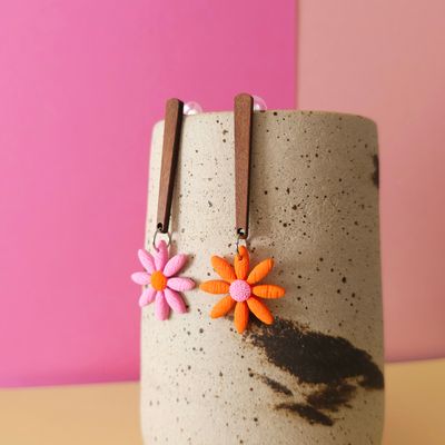 Long Mismatched Orange and Light Pink Flower Earrings