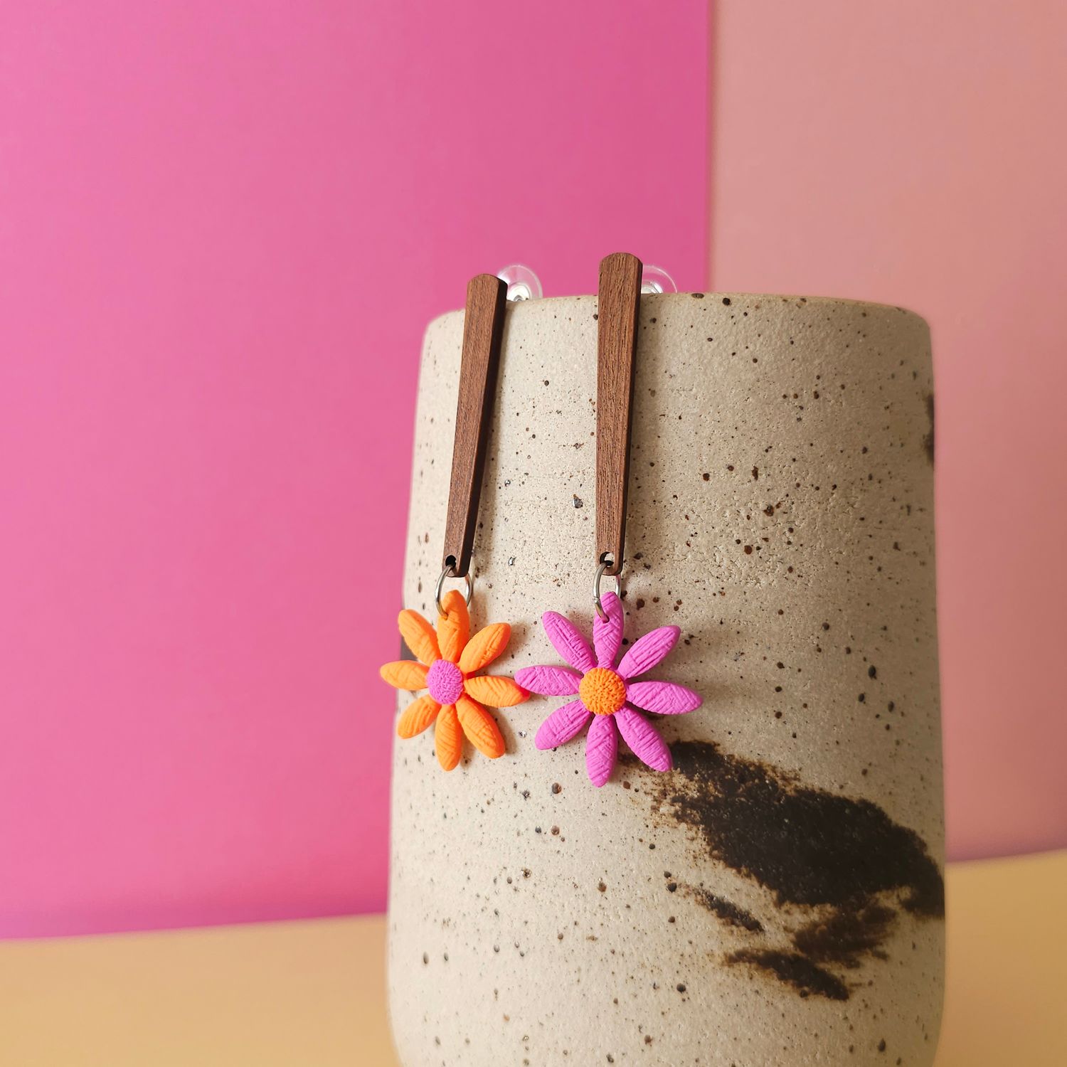 Long Mismatched Purple and Orange Flower Earrings