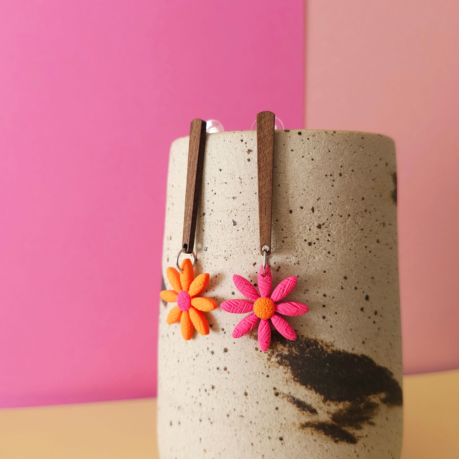 Long Mismatched Orange and Pink Flower Earrings