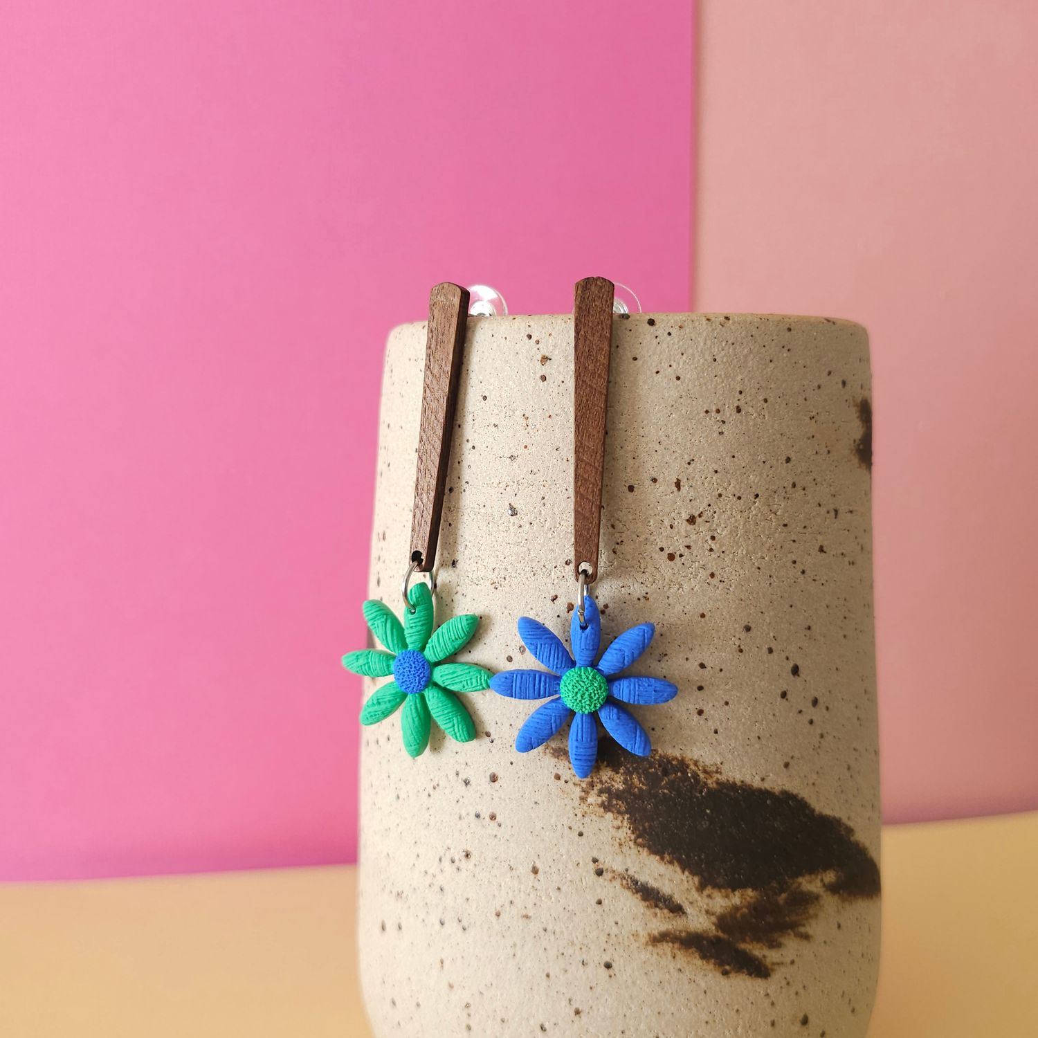 Long Mismatched Blue and Green Flower Earrings