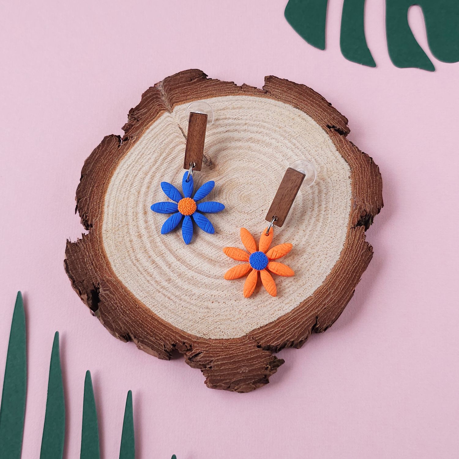 Orange and Blue Mismatched Daisy Polymer Clay Earrings