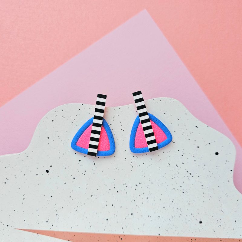 Blue and Hot Pink Triangle Polymer Clay Earrings