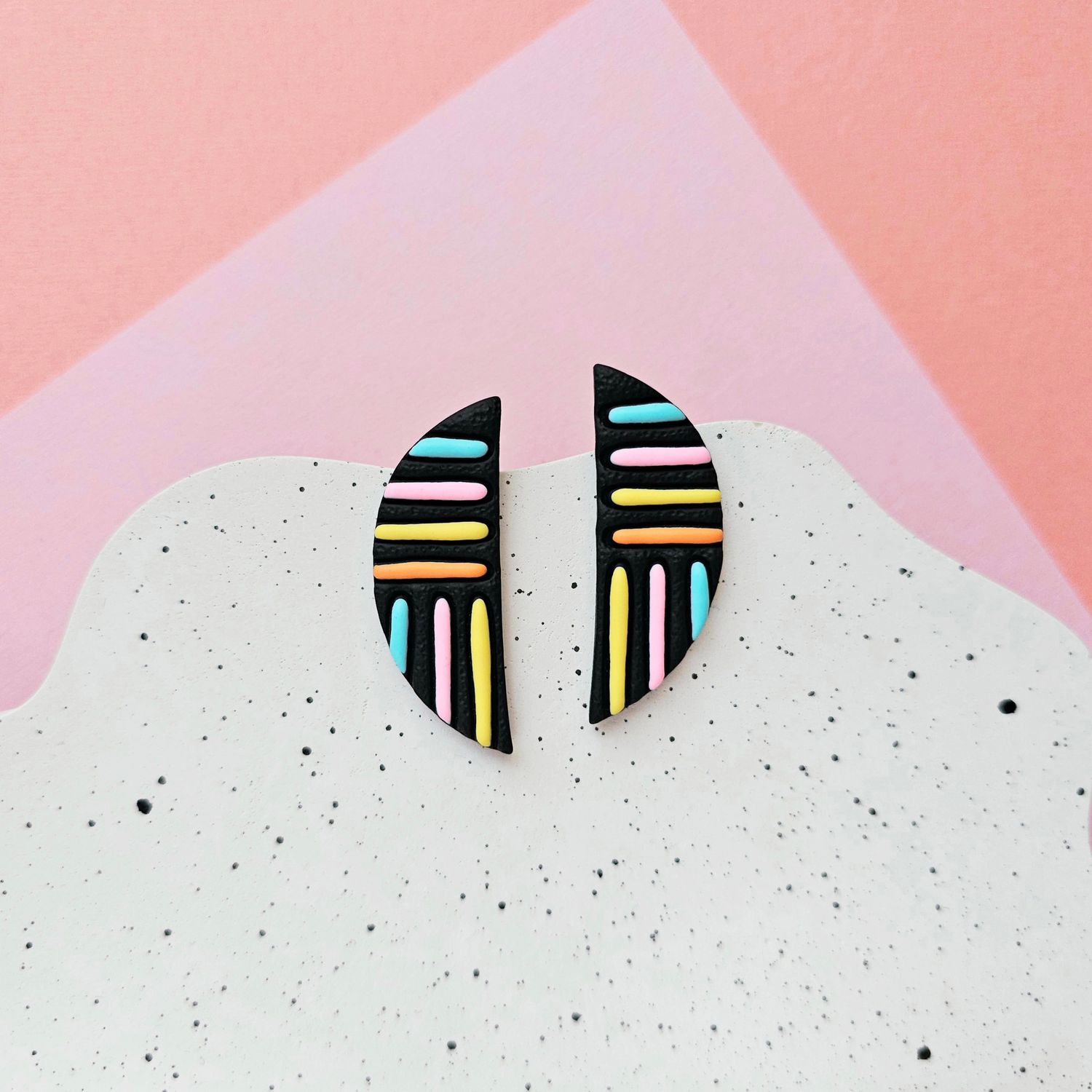 Black and Colourful Lines Semicircle Polymer Clay Earrings
