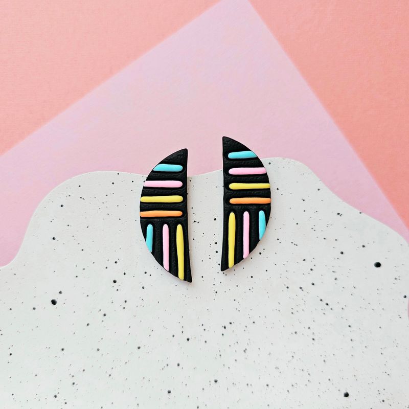 Black and Colourful Lines Semicircle Polymer Clay Earrings