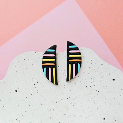 Black and Colourful Lines Semicircle Polymer Clay Earrings