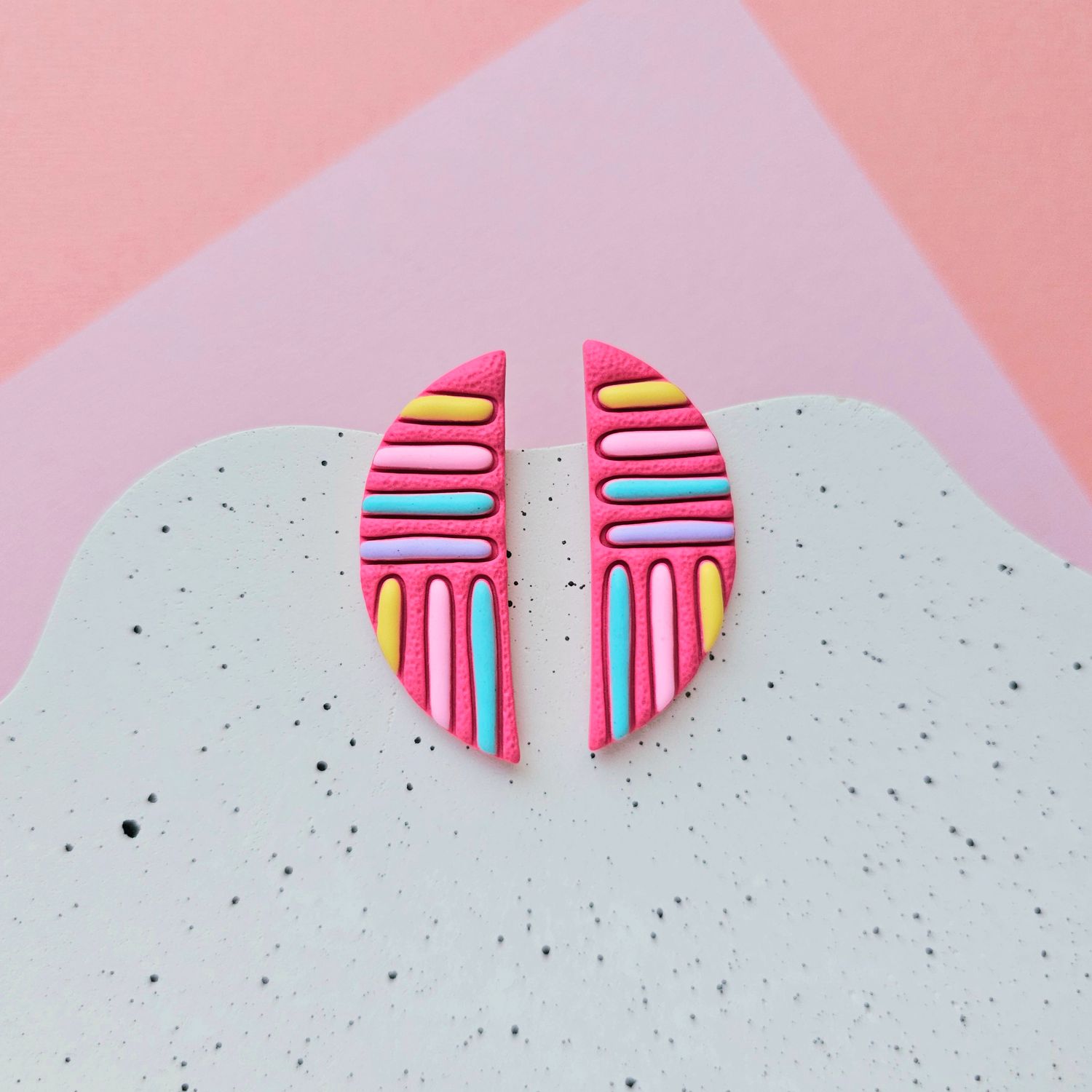 Pink and Colourful Lines Semicircle Polymer Clay Earrings