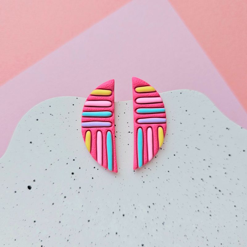 Pink and Colourful Lines Semicircle Polymer Clay Earrings