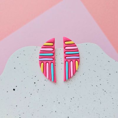 Pink and Colourful Lines Semicircle Polymer Clay Earrings