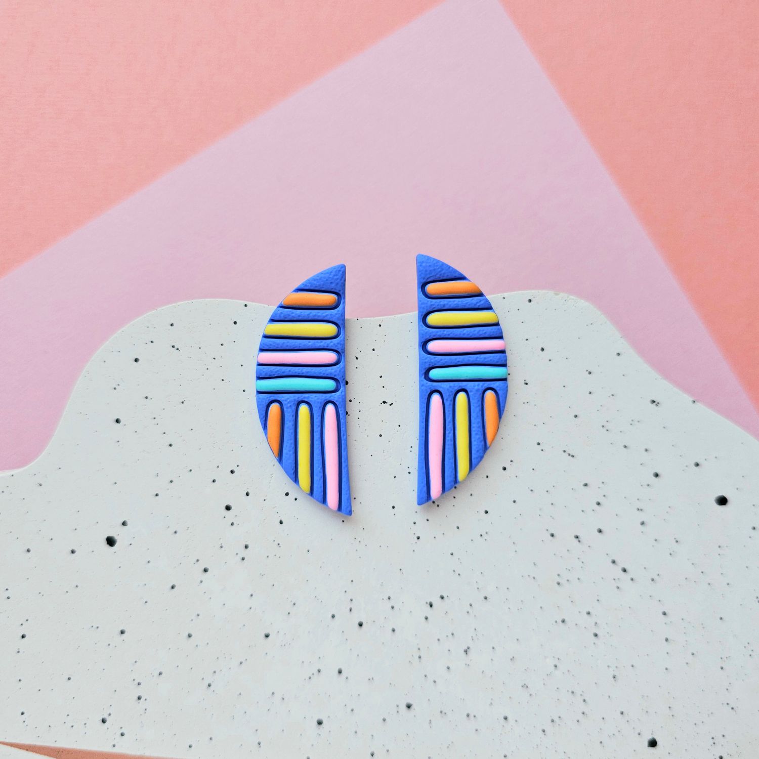 Blue and Colourful Lines Semicircle Polymer Clay Earrings