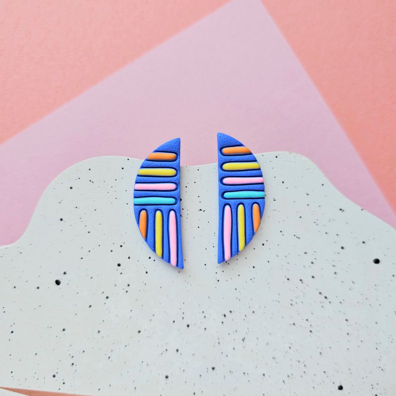 Blue and Colourful Lines Semicircle Polymer Clay Earrings