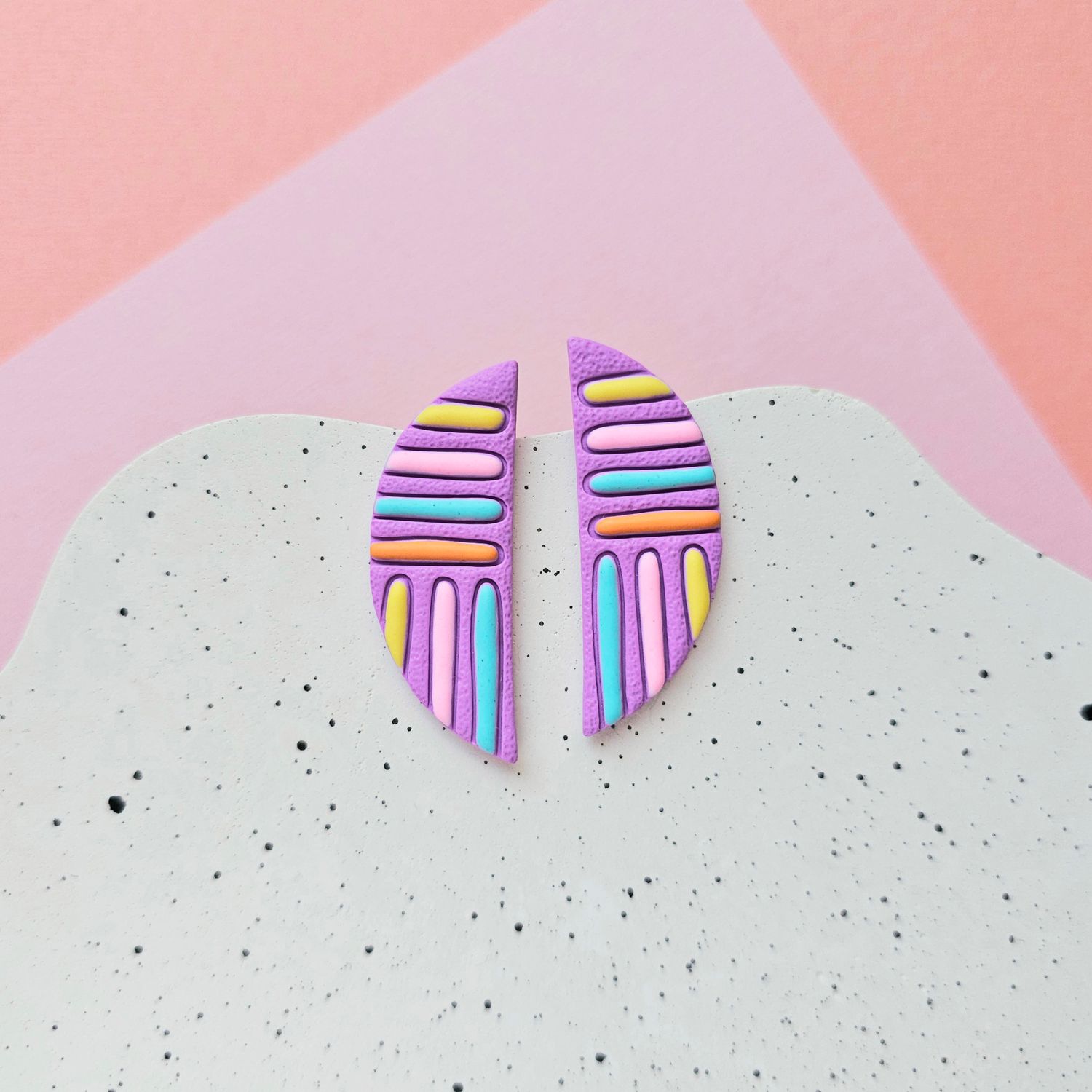 Purple and Colourful Lines Semicircle Polymer Clay Earrings