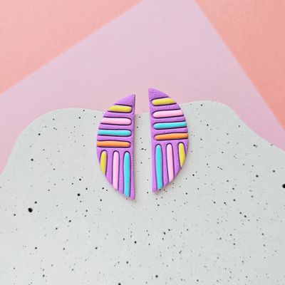 Purple and Colourful Lines Semicircle Polymer Clay Earrings