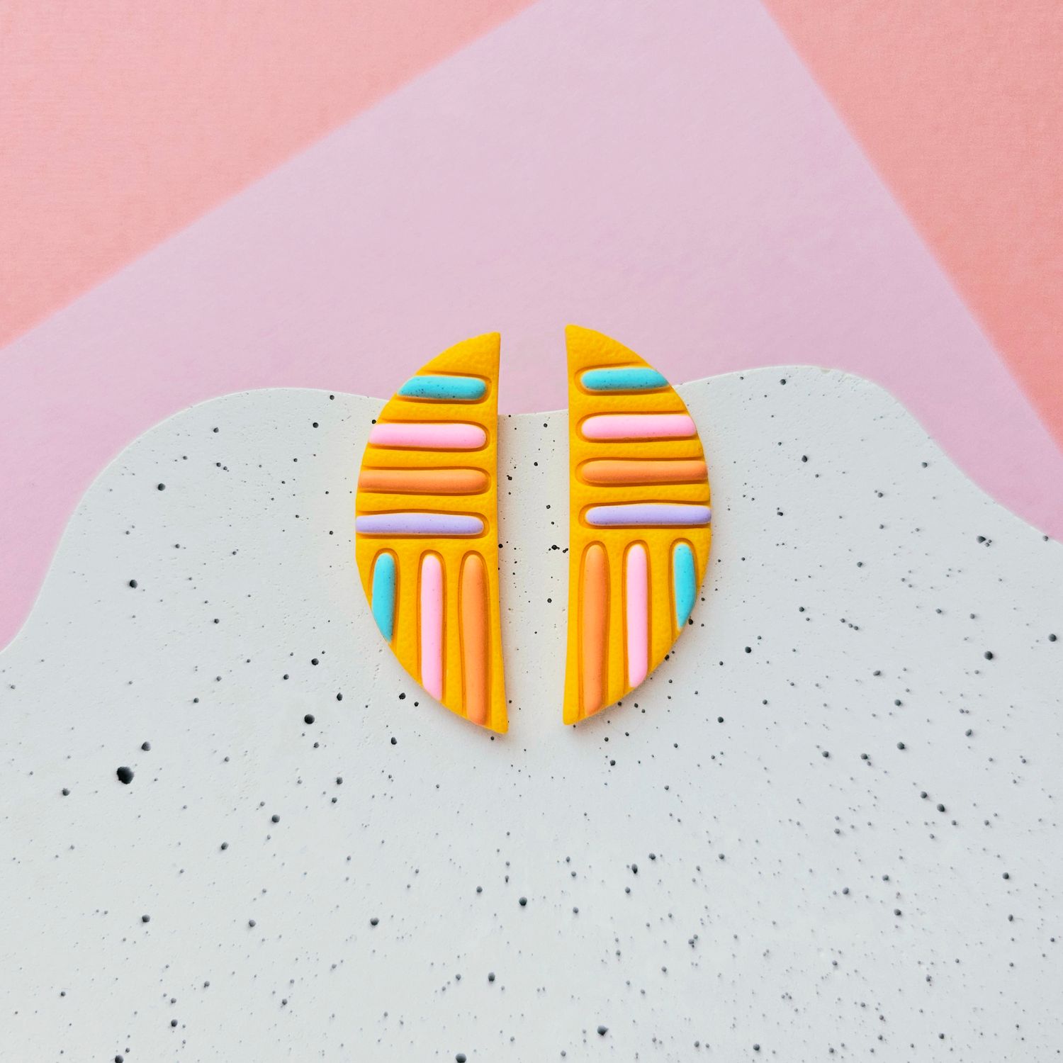 Yellow and Colourful Lines Semicircle Polymer Clay Earrings