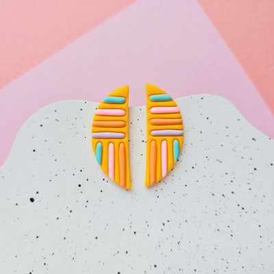 Yellow and Colourful Lines Semicircle Polymer Clay Earrings