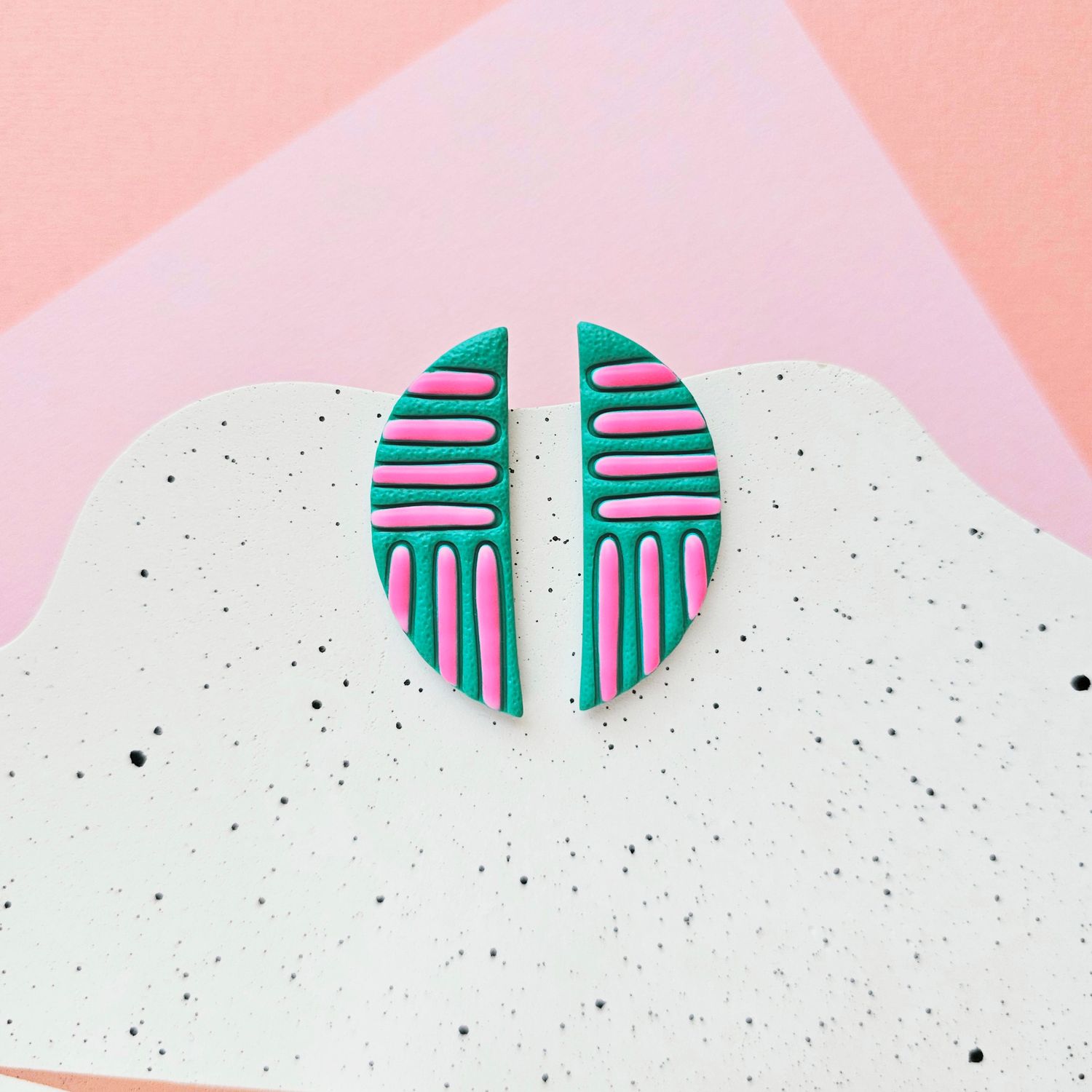 Dark green and Pink lines Semicircle Polymer Clay Earrings