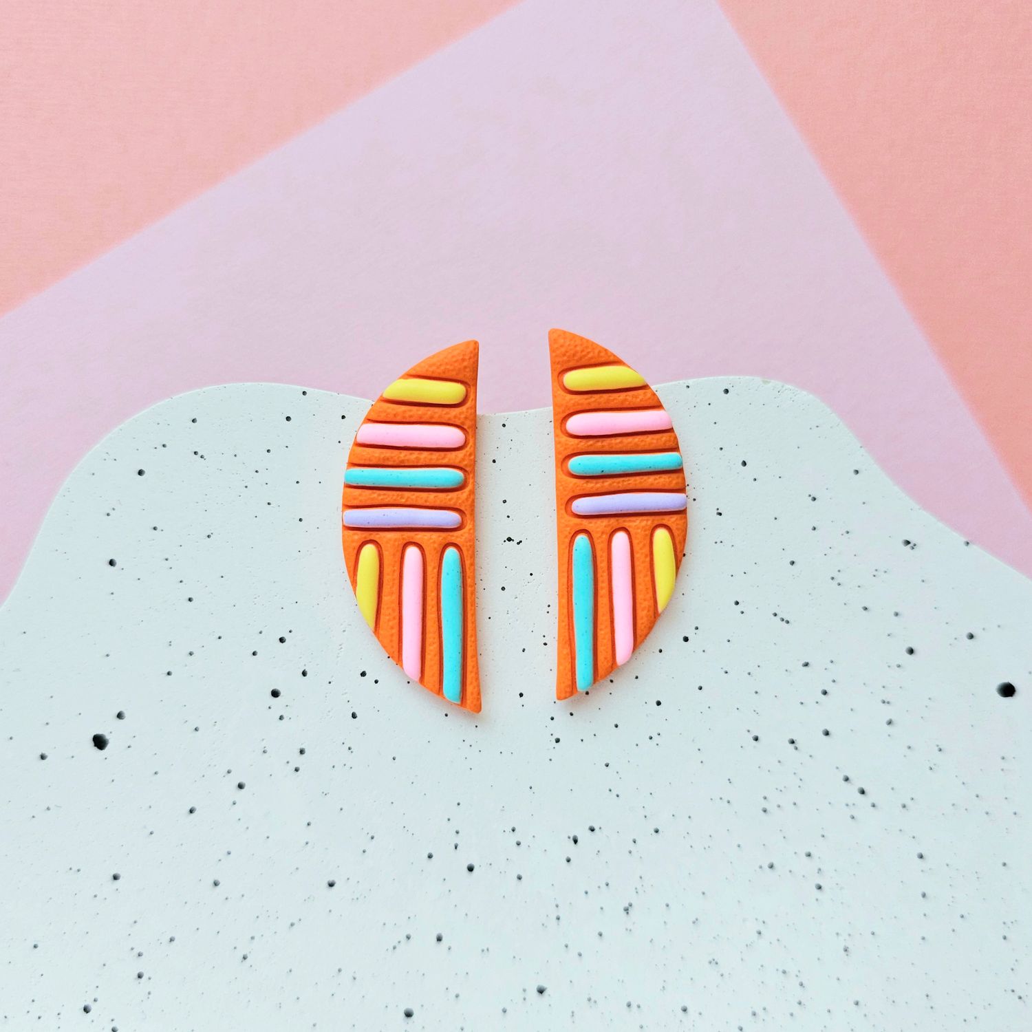 Orange and Colourful Lines Semicircle Polymer Clay Earrings