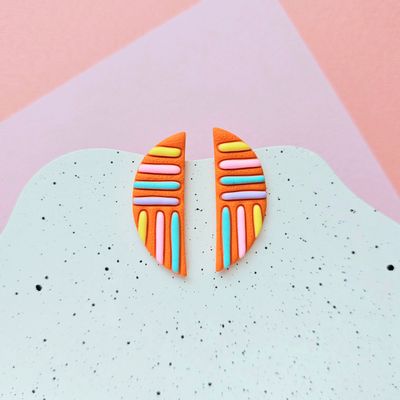 Orange and Colourful Lines Semicircle Polymer Clay Earrings