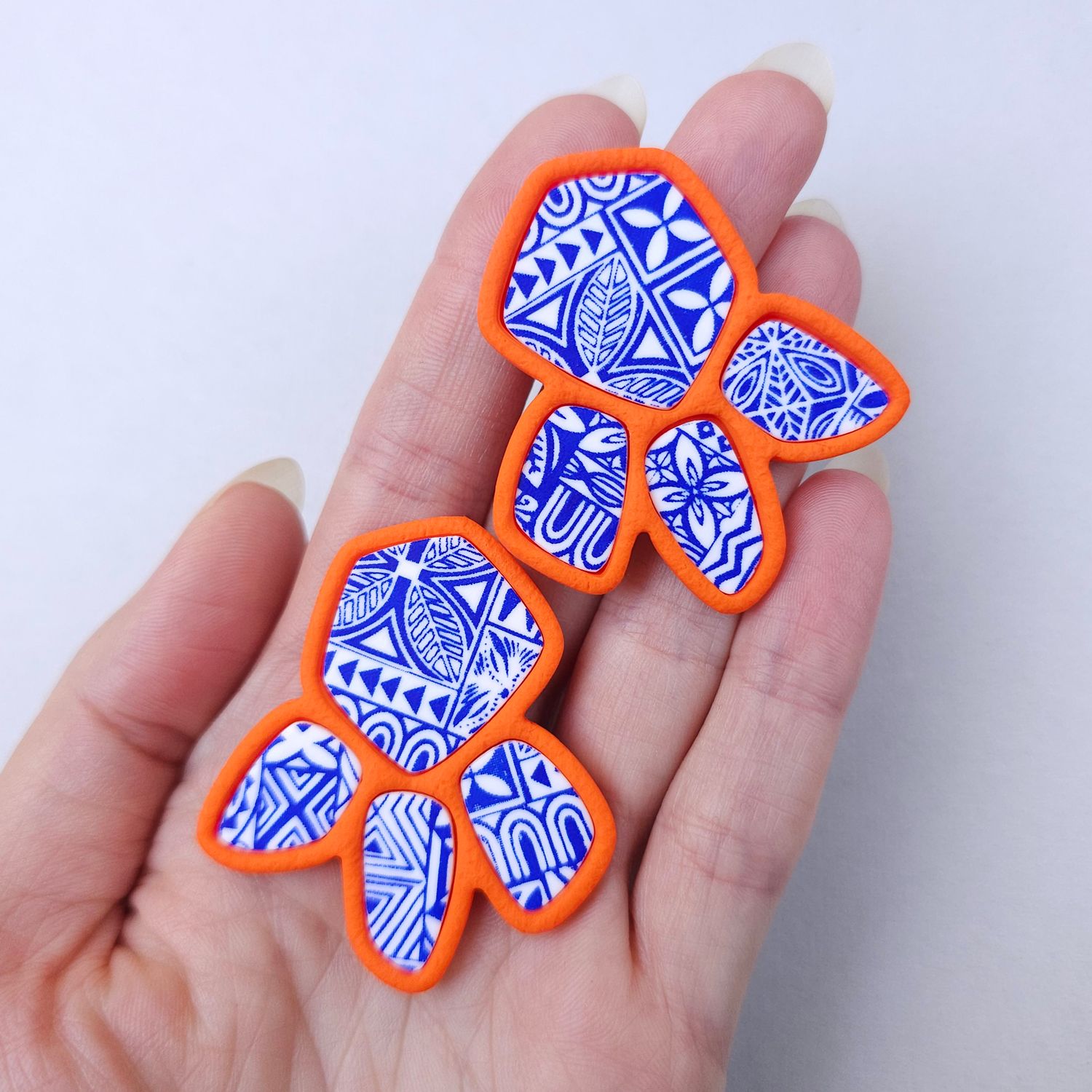 Geometric Tile print on Bold Orange Clay Earrings