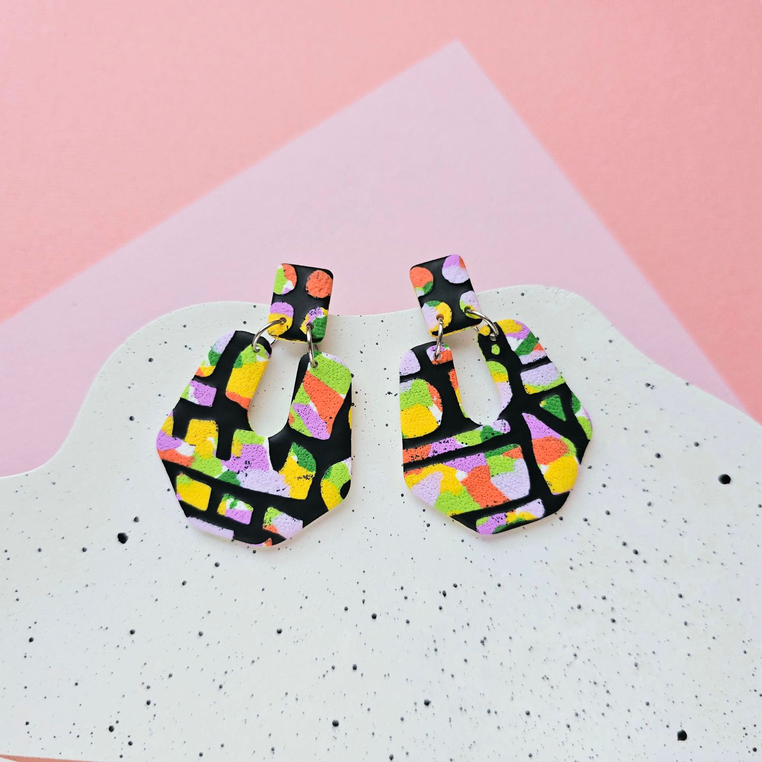 Large colourful statement clay earrings