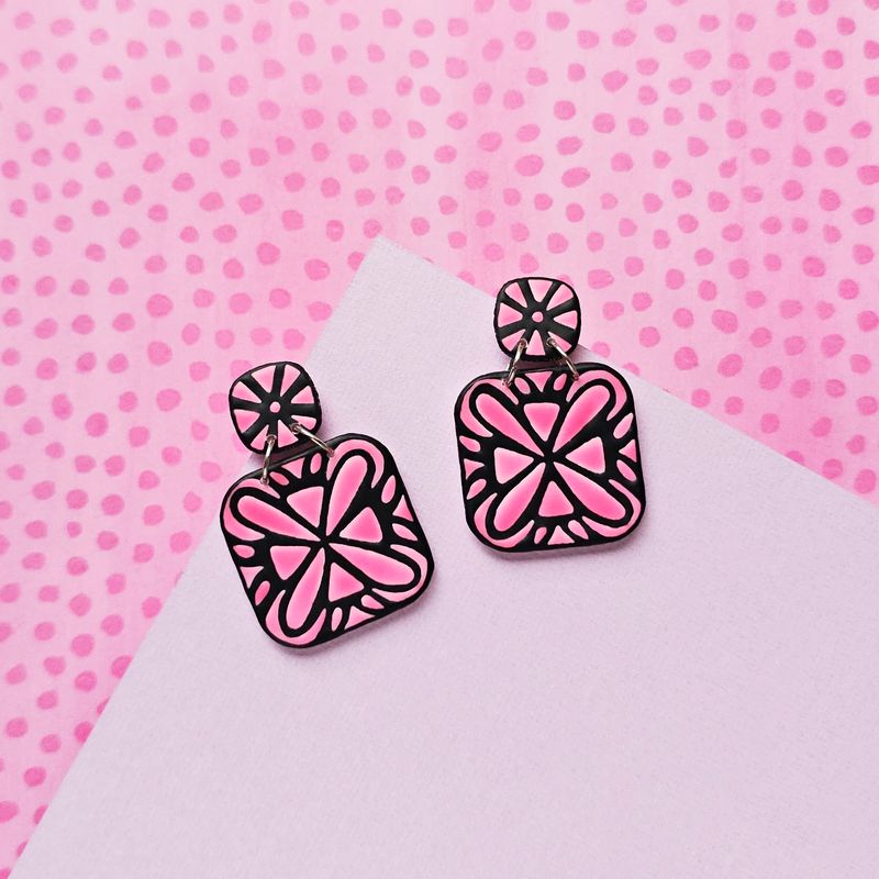 Pink and Black Square Polymer Clay Earrings