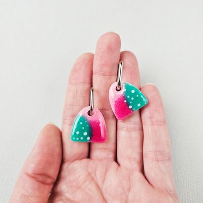 Pink and Green Huggie Hoop Resin Earrings