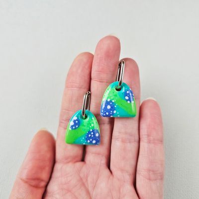 Green and Blue Huggie Hoop Resin Earrings