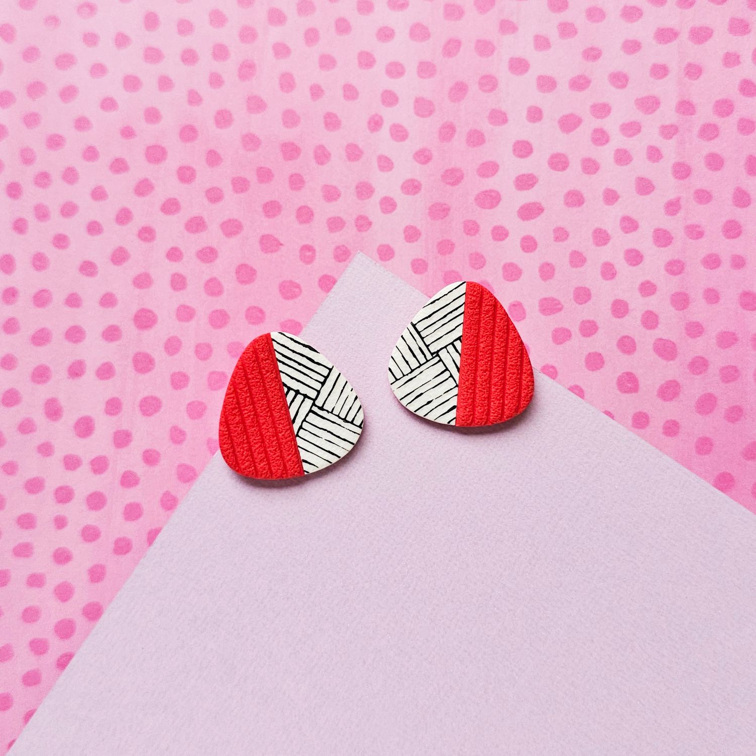 Red and Geometric Lines Polymer Clay Earrings